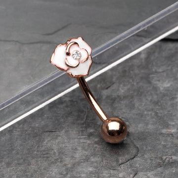 Detail View 1 of Rose Gold White Rose Blossom Sparkle Curved Barbell Ring-White/Clear